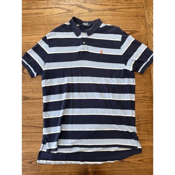 Vintage Polo Ralph Lauren Men's Large Navy/Baby Blue Striped Cotton Polo Shirt‎ - Picture 2 of 5